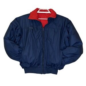 Columbia Reversible Duck Down Puffer Jacket Mens Medium Blue Red Radial Sleeve